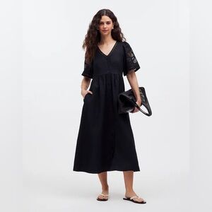 Cassie Button-Front Midi Dress in Black Linen - size M